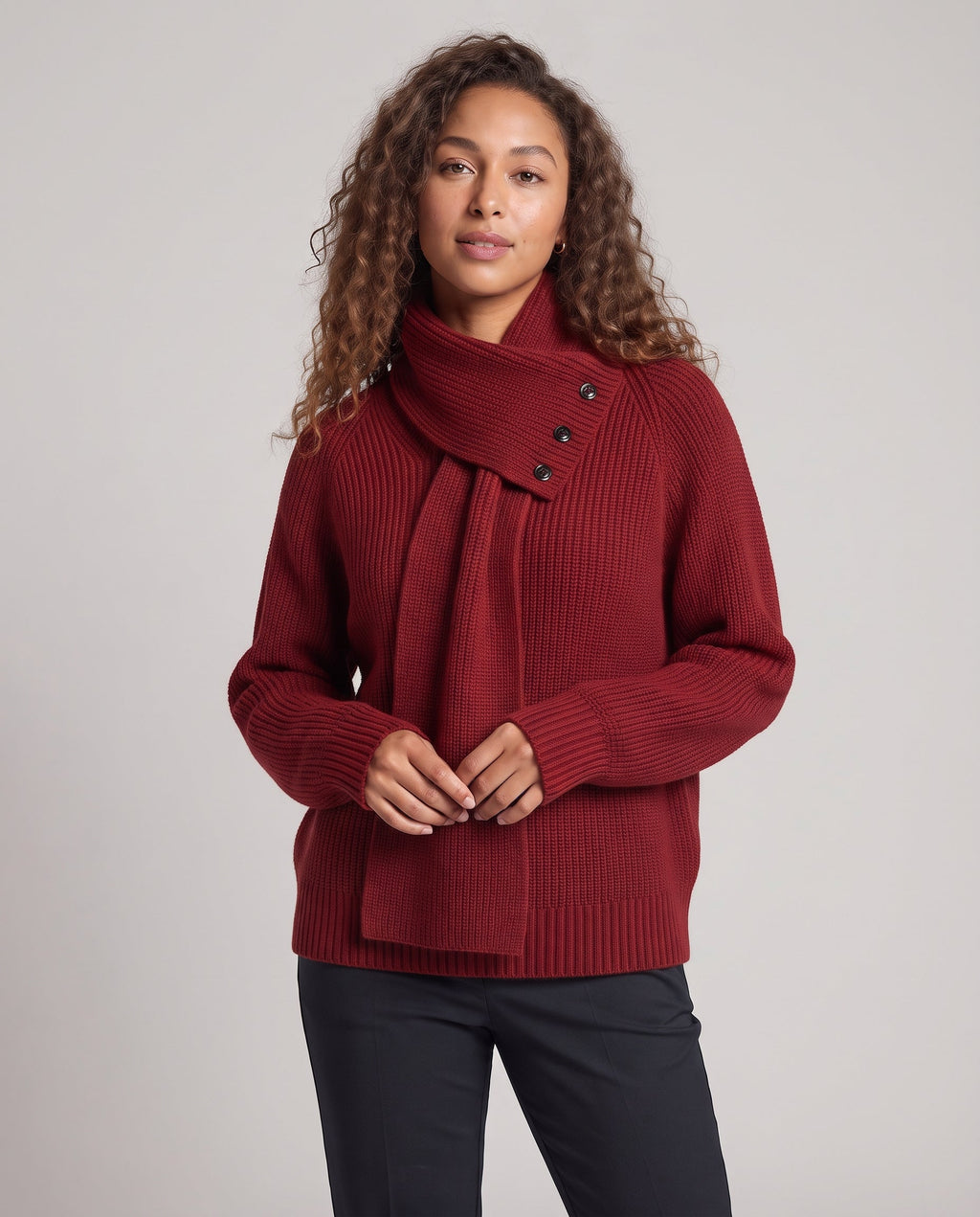 Women's Oversized Ribbed Sweater with Asymmetric Button Collar and Raglan Sleeves Fashion Glam