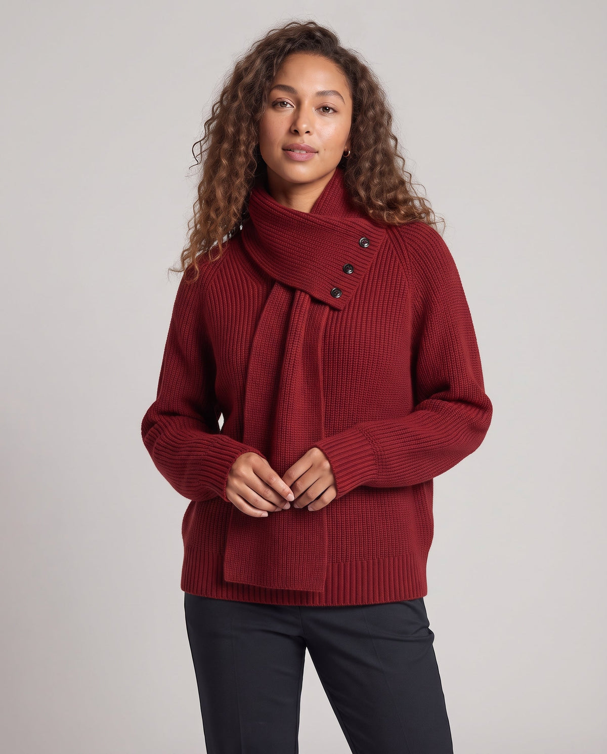 Women's Oversized Ribbed Sweater with Asymmetric Button Collar and Raglan Sleeves Fashion Glam
