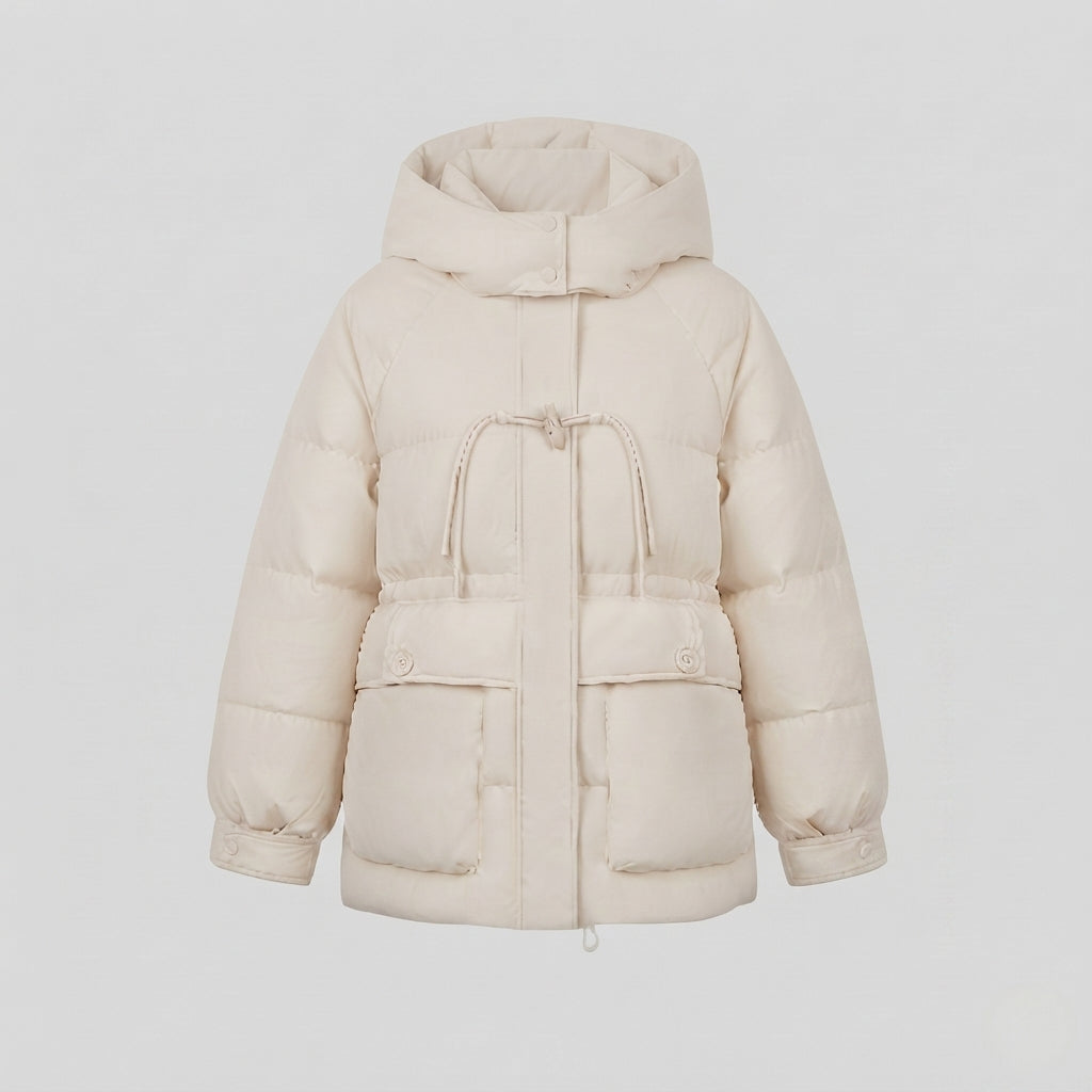 Women's short oversized winter parka with voluminous thermal padding, high stand-up collar, and extra large flap pockets