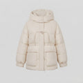 Women's short oversized winter parka with voluminous thermal padding, high stand-up collar, and extra large flap pockets