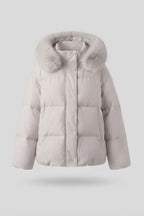 Women's nan quilted short parka with voluminous hood trim in faux fur look and extra wide sleeves