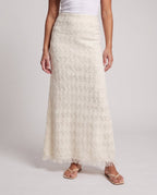 Ladies maxi skirt made of fine openwork knit with fringe trim Fashion Glam