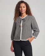 Women checked blouse-cardigan with crochet trim, 3/4 puff sleeves and tie belt Fashion Glam