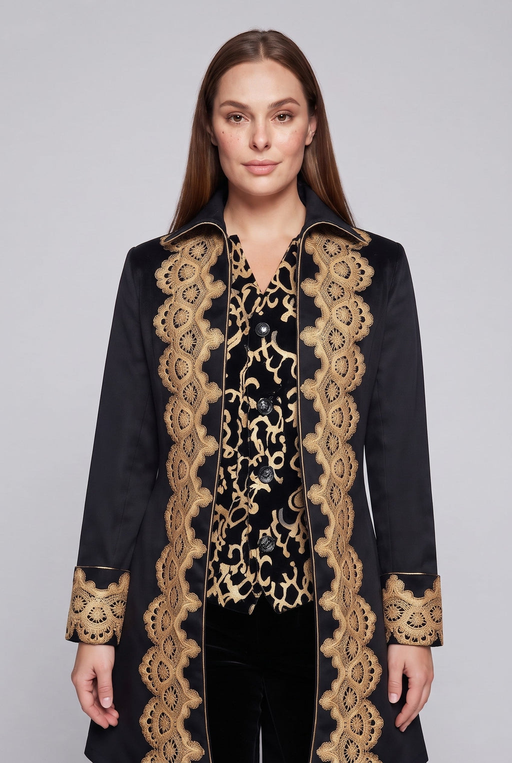 Women's elegant tailcoat with fine gold embroidery and asymmetrical hem Fashion Glam