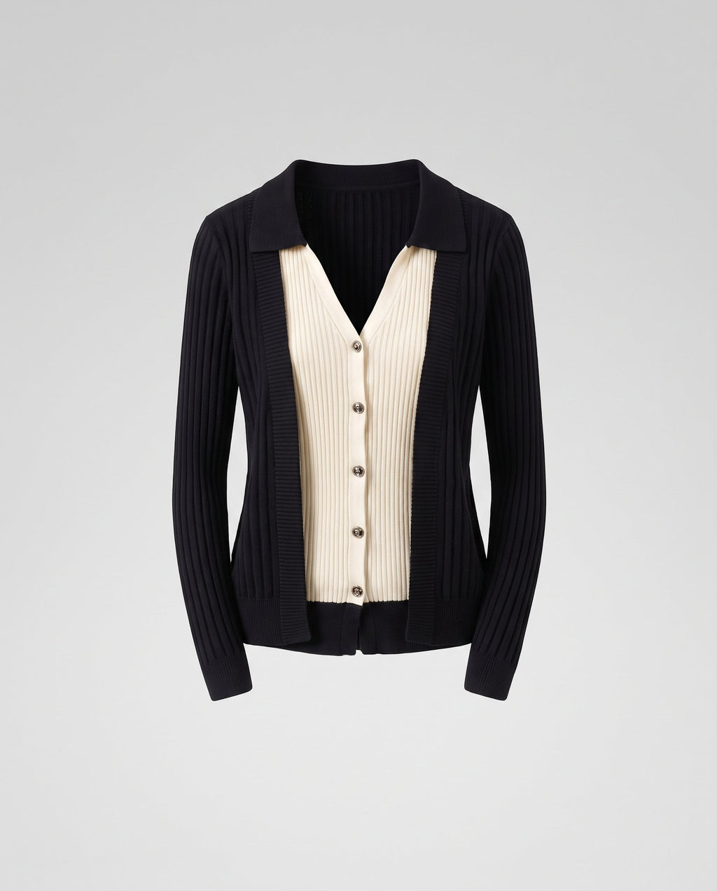 Women's Two-Piece Knit Layering Cardigan with Contrasting Button Top and Shirt Collar Fashion Glam