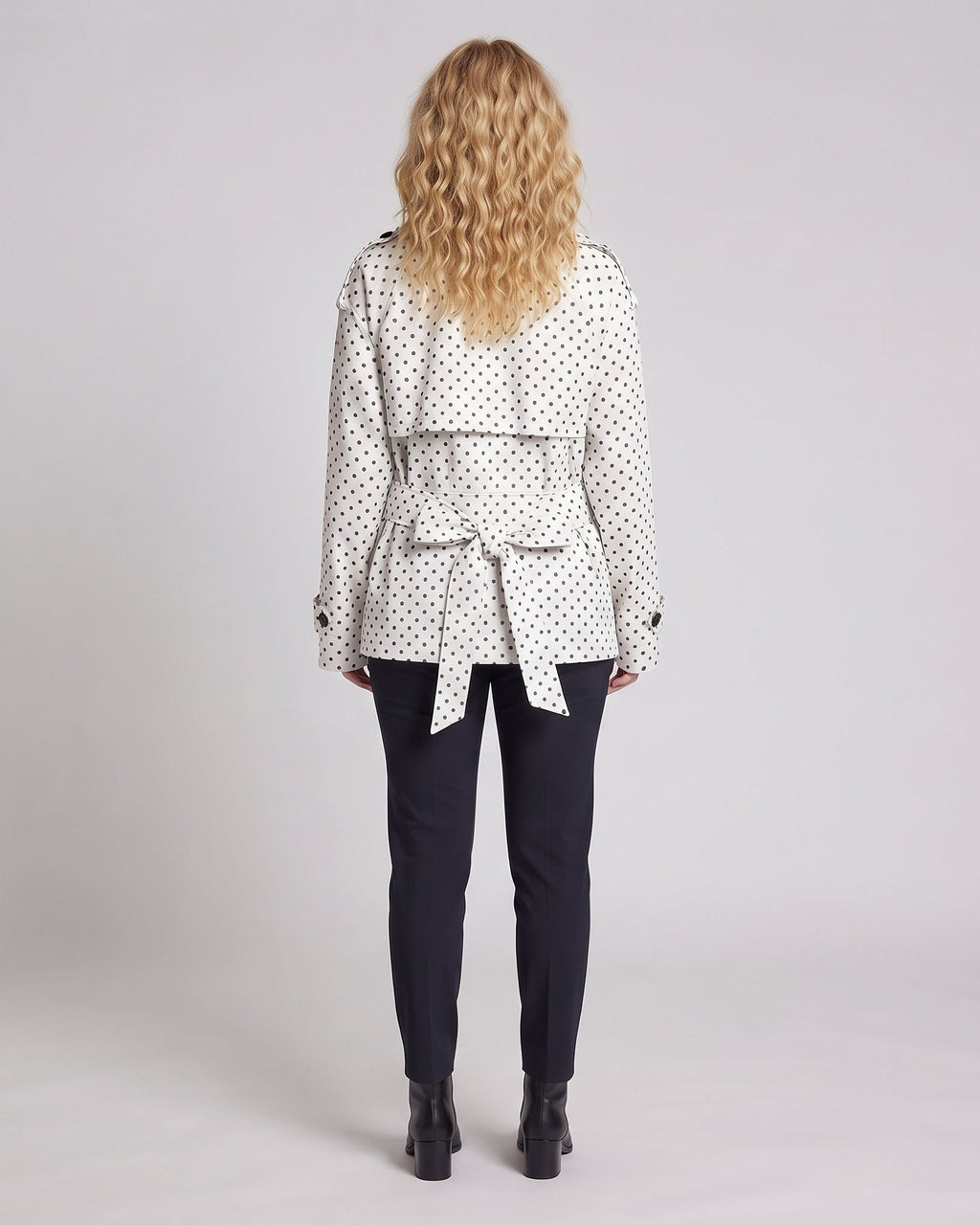 Ladies Short Trench Coat with Waist Belt and Polka Dot Pattern Fashion Glam