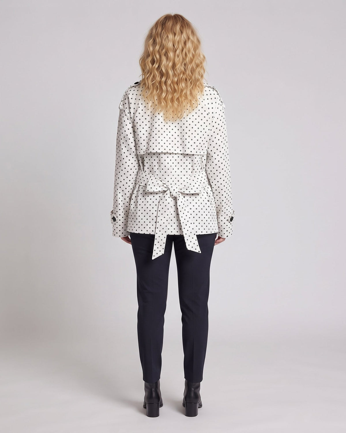 Ladies Short Trench Coat with Waist Belt and Polka Dot Pattern Fashion Glam