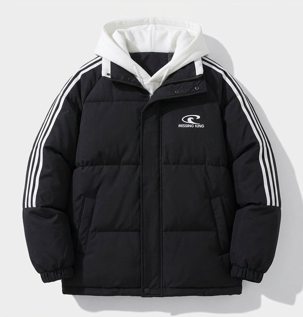 Women's padded sporty oversized puffer jacket with hood trim, contrast stripe sleeves and windproof outer shell
