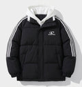 Women's padded sporty oversized puffer jacket with hood trim, contrast stripe sleeves and windproof outer shell