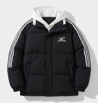 Women's padded sporty oversized puffer jacket with hood trim, contrast stripe sleeves and windproof outer shell