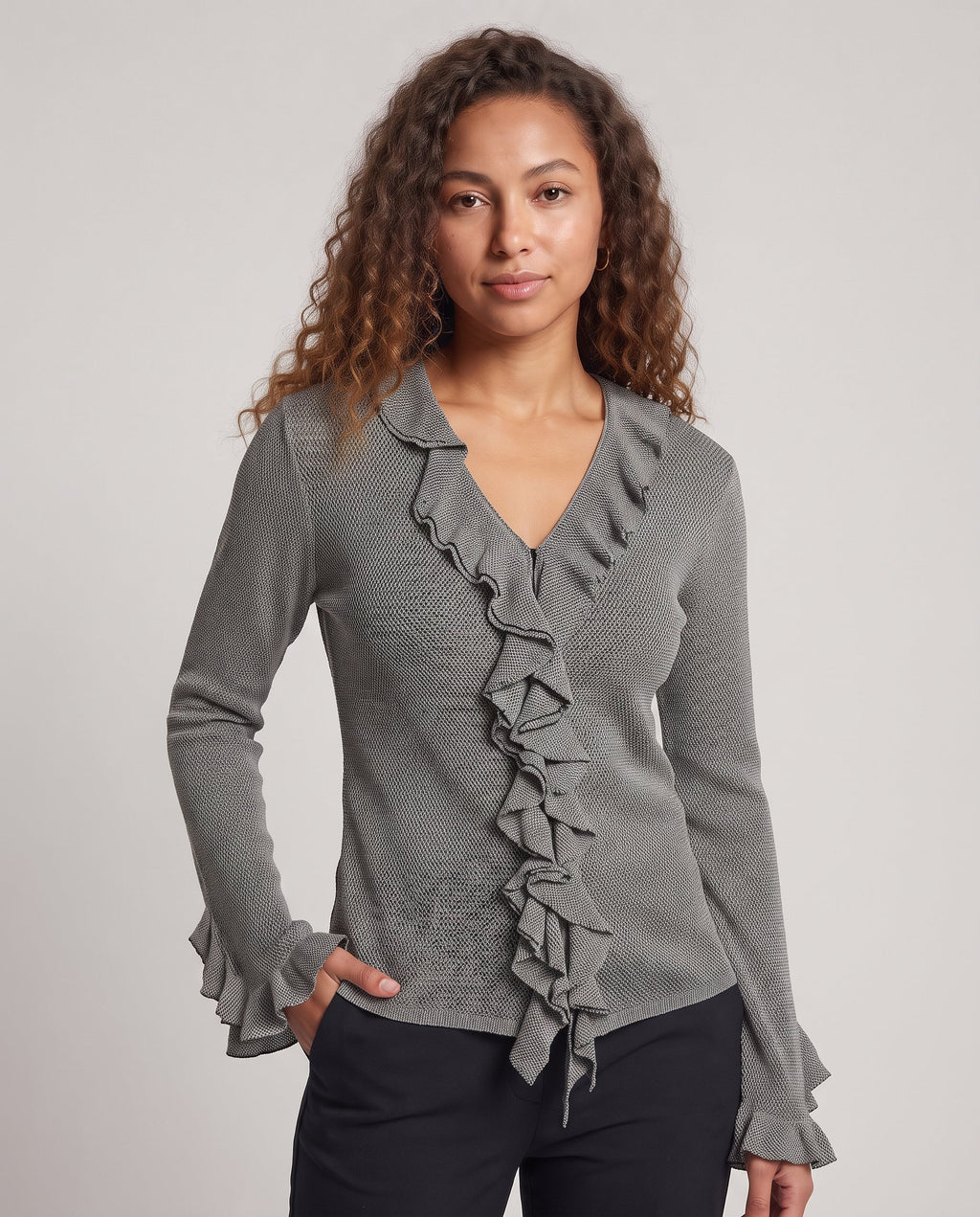 Ladies Ruffled Knit Cardigan with V-Neck and Ruffle Sleeves Fashion Glam