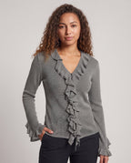 Ladies Ruffled Knit Cardigan with V-Neck and Ruffle Sleeves Fashion Glam