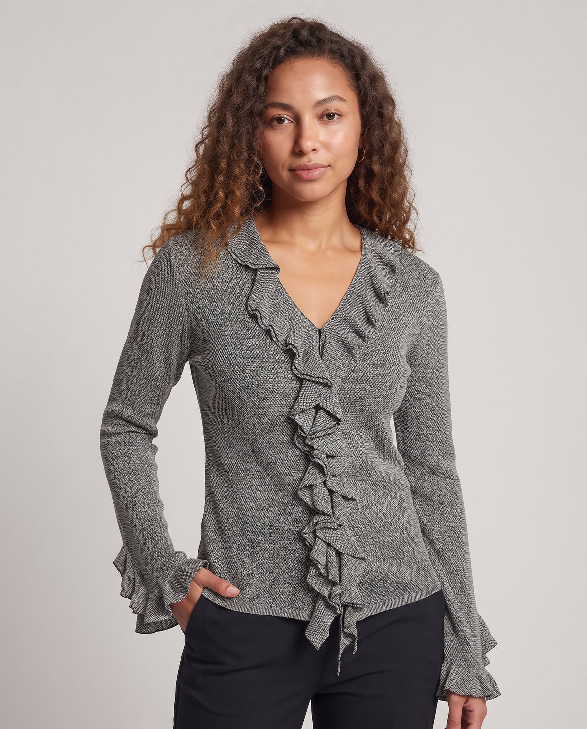Ladies Ruffled Knit Cardigan with V-Neck and Ruffle Sleeves Fashion Glam