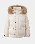 Ladies' short quilted bomber with removable faux fur collar and spacious flap pockets