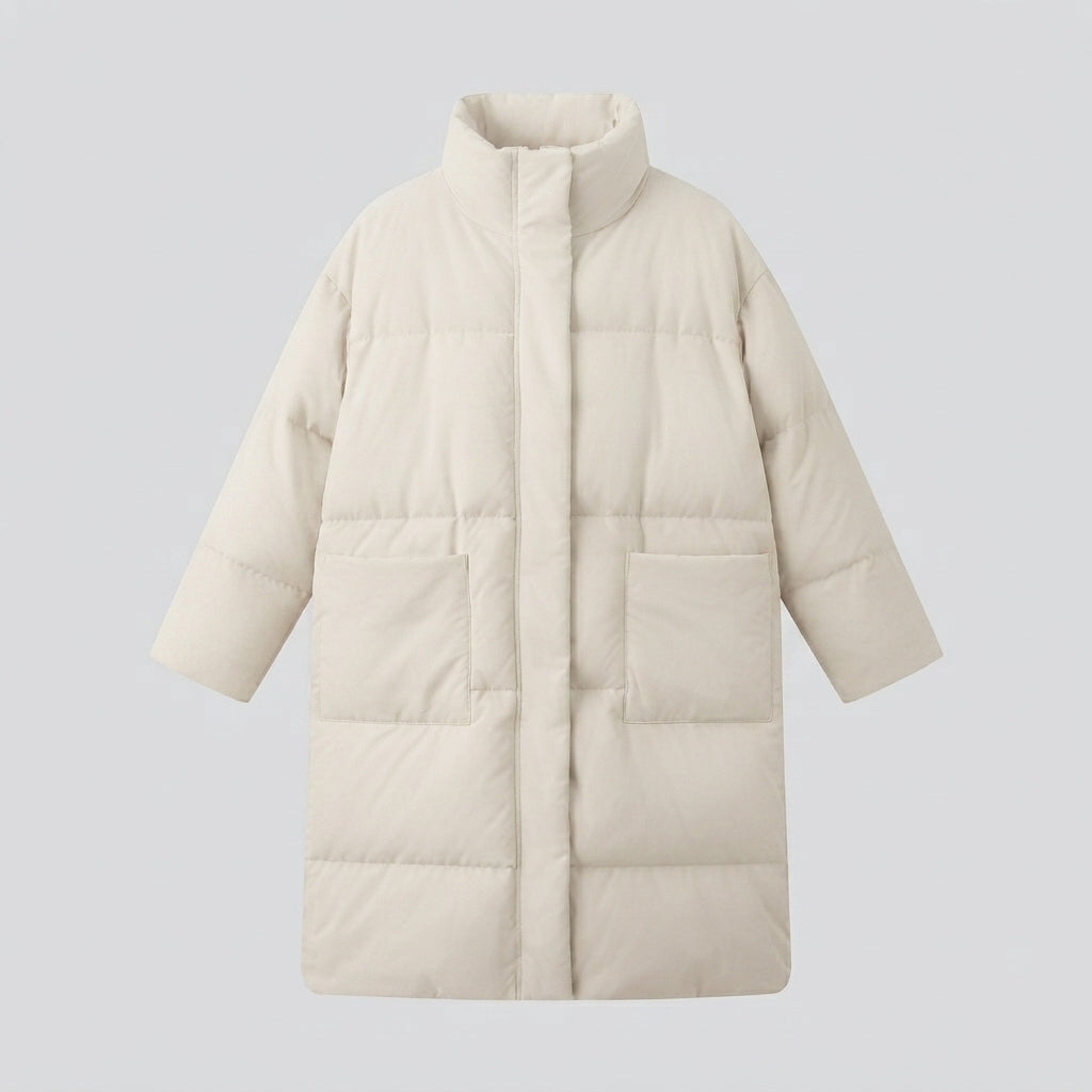 Women's nano extralong padded comfort puffer with noise-reducing surface, high stand collar, and generous oversized silhouette