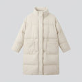 Women's nano extralong padded comfort puffer with noise-reducing surface, high stand collar, and generous oversized silhouette