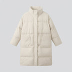 Women's nano extralong padded comfort puffer with noise-reducing surface, high stand collar, and generous oversized silhouette