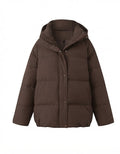 Women's short padded winter coat with high stand-up collar and concealed button placket