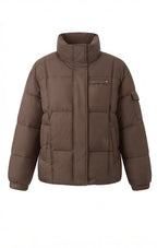 Women's nano compact boxy quilted jacket with high closing stand-up collar, concealed zipper, and functional arm pocket
