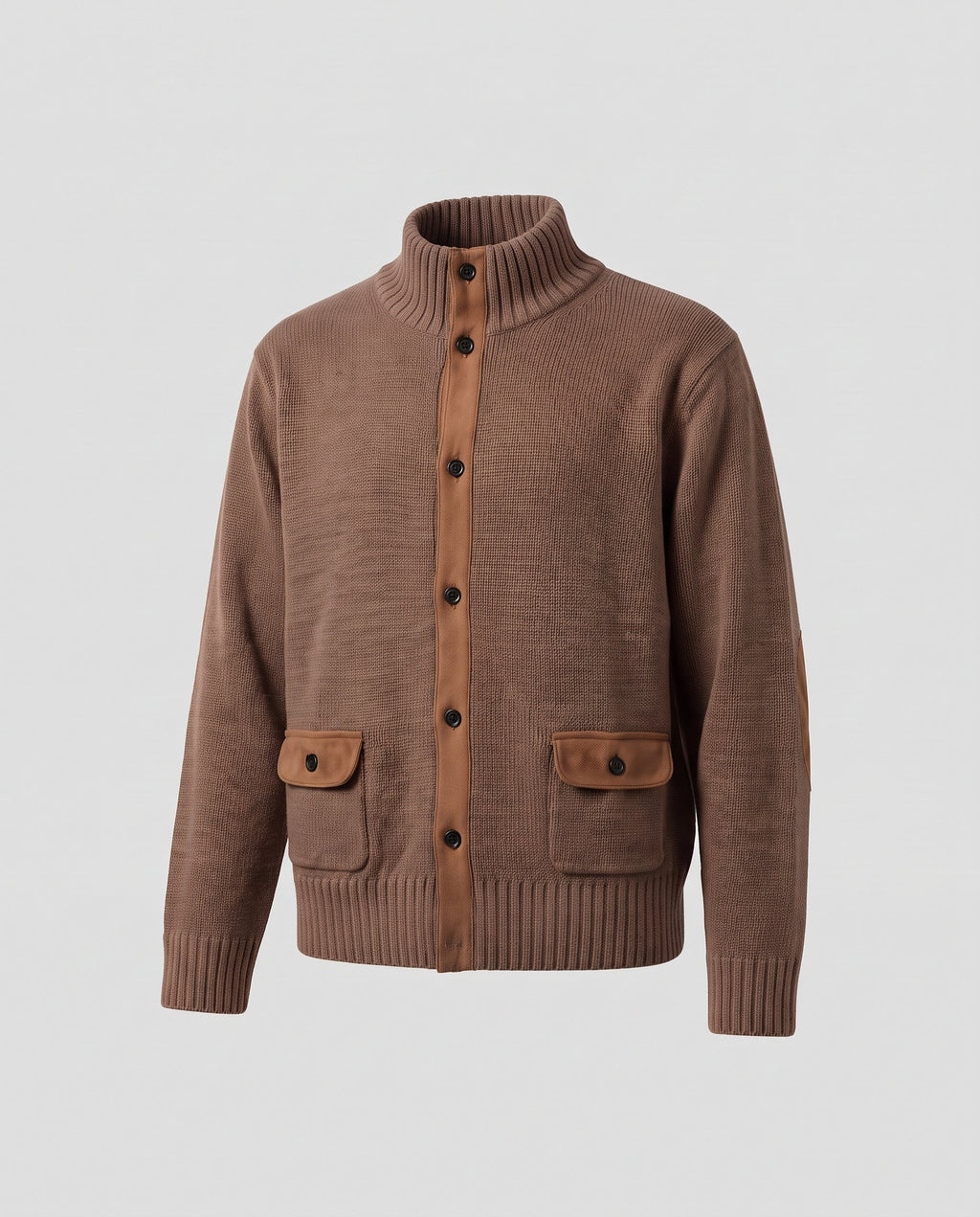 Women’s knit cardigan with stand-up collar, button placket and elbow patches Fashion Glam