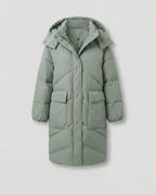 Women's nan extralong thermal quilted coat with noise-reducing outer material and concealed two-way zipper