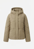 Women's short padded quilted jacket with square quilting, high standing collar, hood, and thumb hole cuffs