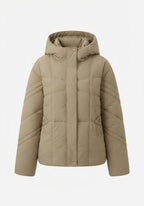 Women's short padded quilted jacket with square quilting, high standing collar, hood, and thumb hole cuffs