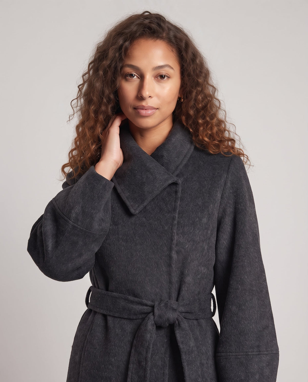Women's Longline Wool Blend Coat with Asymmetrical Shawl Collar and Tie Belt Fashion Glam