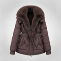 Women's padded parka with voluminous, removable collar and waist drawstring