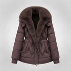 Women's padded parka with voluminous, removable collar and waist drawstring