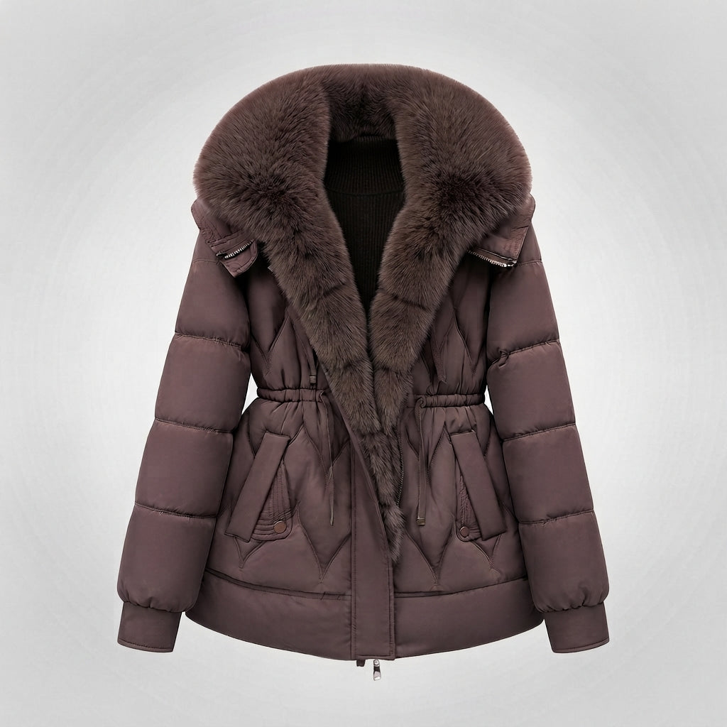 Women's padded parka with voluminous, removable collar and waist drawstring