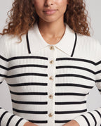 Women Striped Fine Knit Cardigan with Polo Collar, Ribbed Structure and Pearl Buttons Fashion Glam