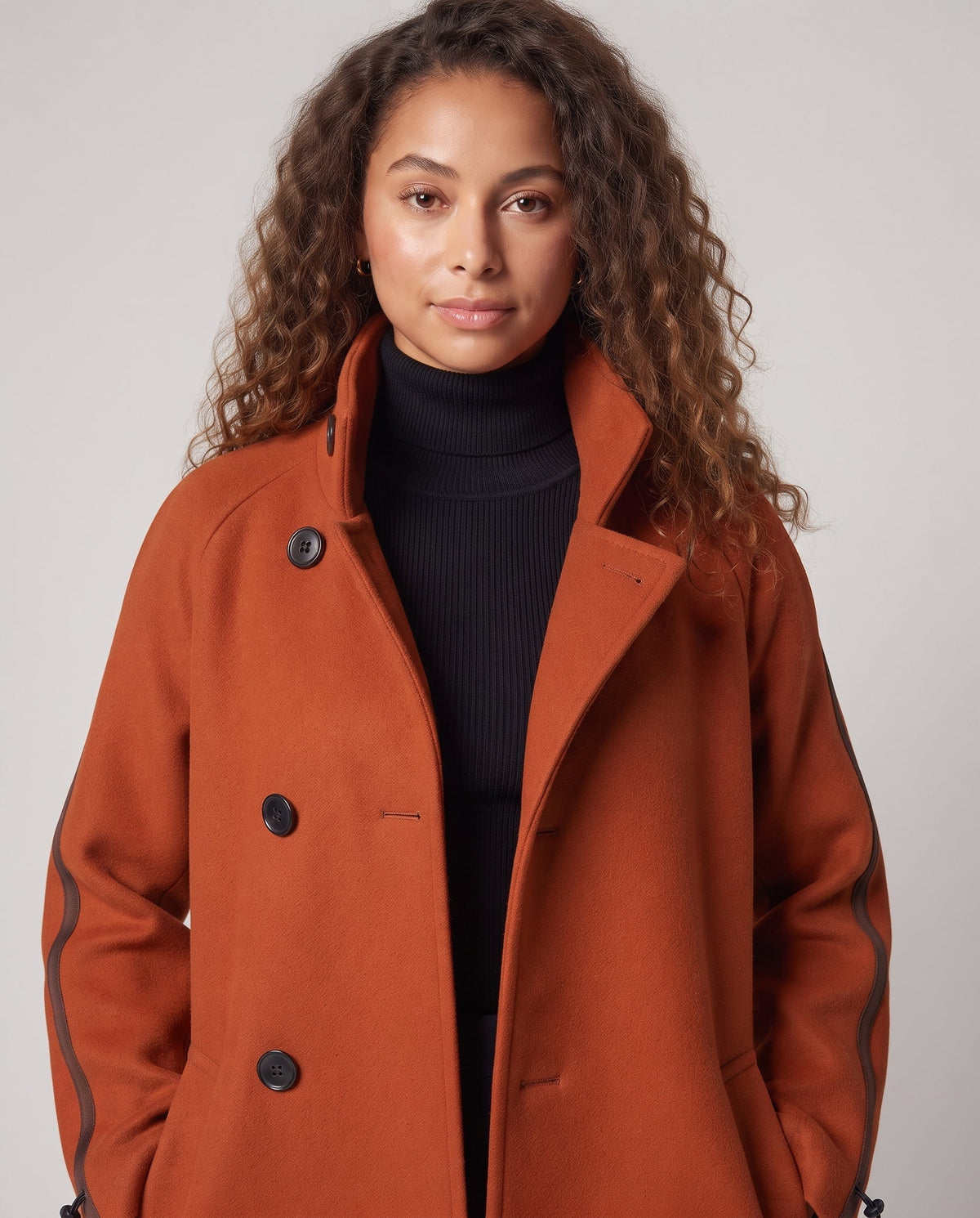 Women mid-length A-line wool blend coat with high standing collar, asymmetric button placket and decorative piping Fashion Glam