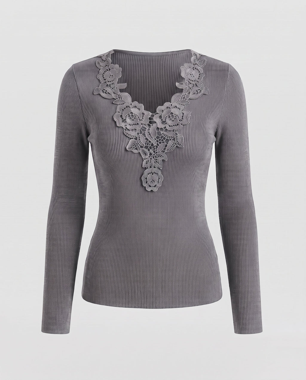 Women Fine Ribbed Knit Sweater with Deep V-Neck and Floral Lace Applique Fashion Glam