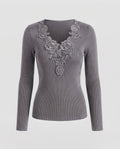 Women Fine Ribbed Knit Sweater with Deep V-Neck and Floral Lace Applique Fashion Glam