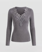 Women Fine Ribbed Knit Sweater with Deep V-Neck and Floral Lace Applique Fashion Glam