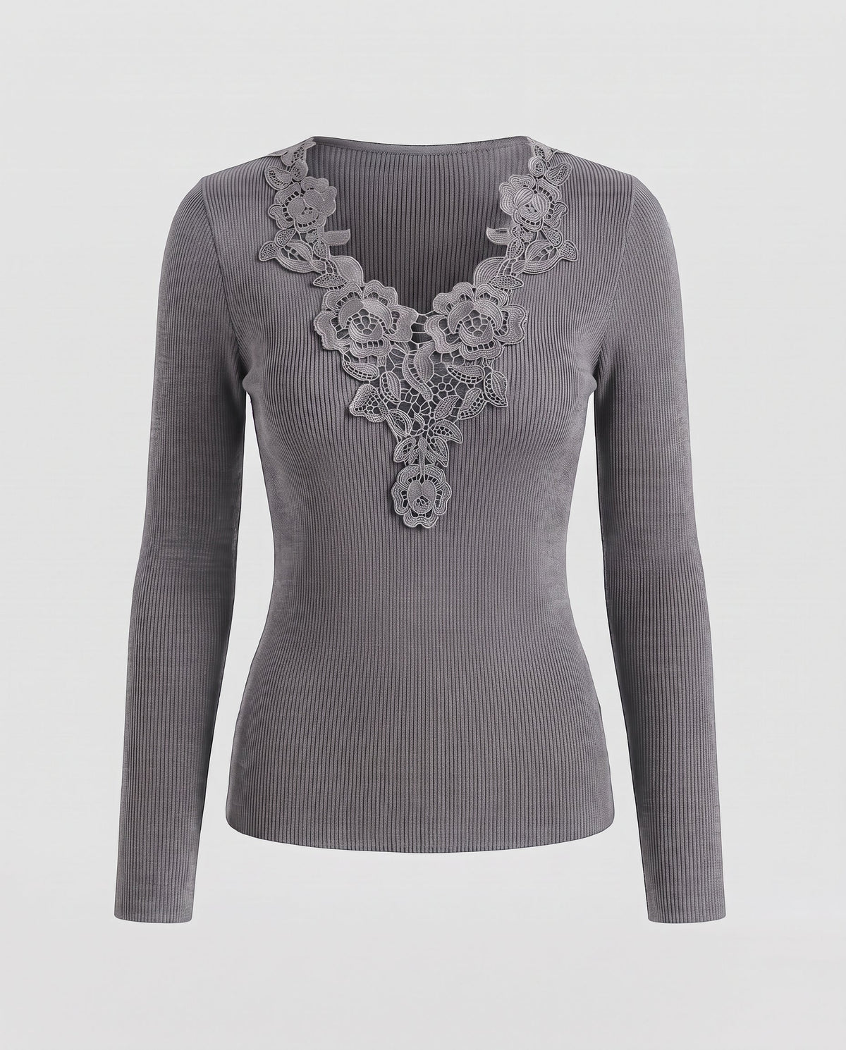 Women Fine Ribbed Knit Sweater with Deep V-Neck and Floral Lace Applique Fashion Glam