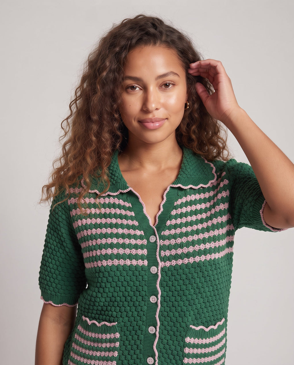 Women's Crocheted Short Sleeve Cardigan with Textured Stitches and Curved Collar Fashion Glam