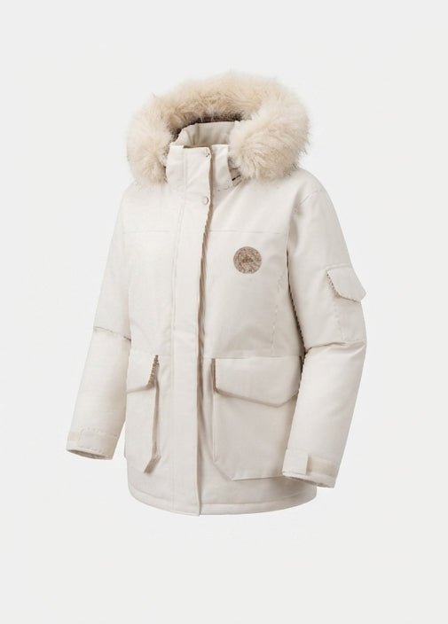 Ladies' padded oversized parka with detachable faux fur hood, large cargo flap pockets, and warming thermal insulation