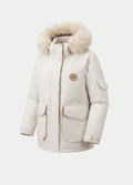 Ladies' padded oversized parka with detachable faux fur hood, large cargo flap pockets, and warming thermal insulation
