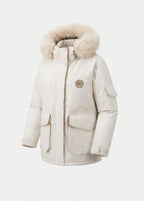 Ladies' padded oversized parka with detachable faux fur hood, large cargo flap pockets, and warming thermal insulation