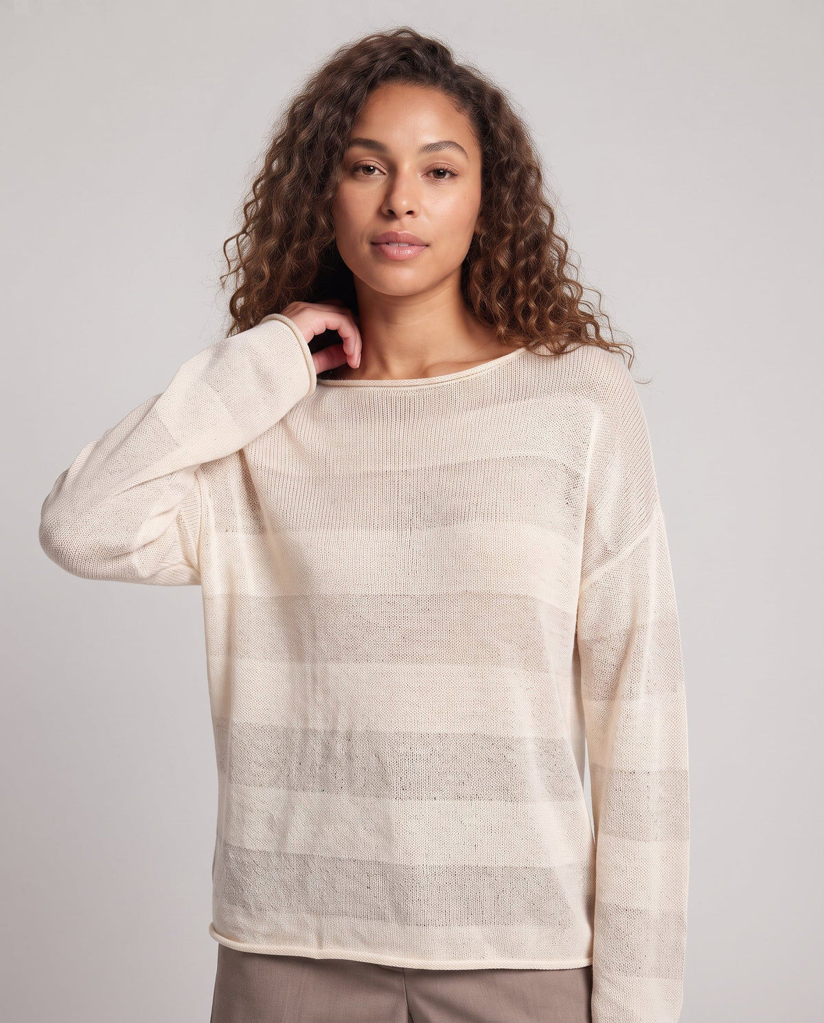 Women's Lightweight Openwork Fine Knit Sweater with Wide Round Neck and Oversize Silhouette