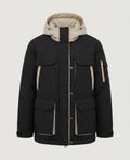 Women's oversized parka with removable quilted inner vest, high collar, and large flap pockets