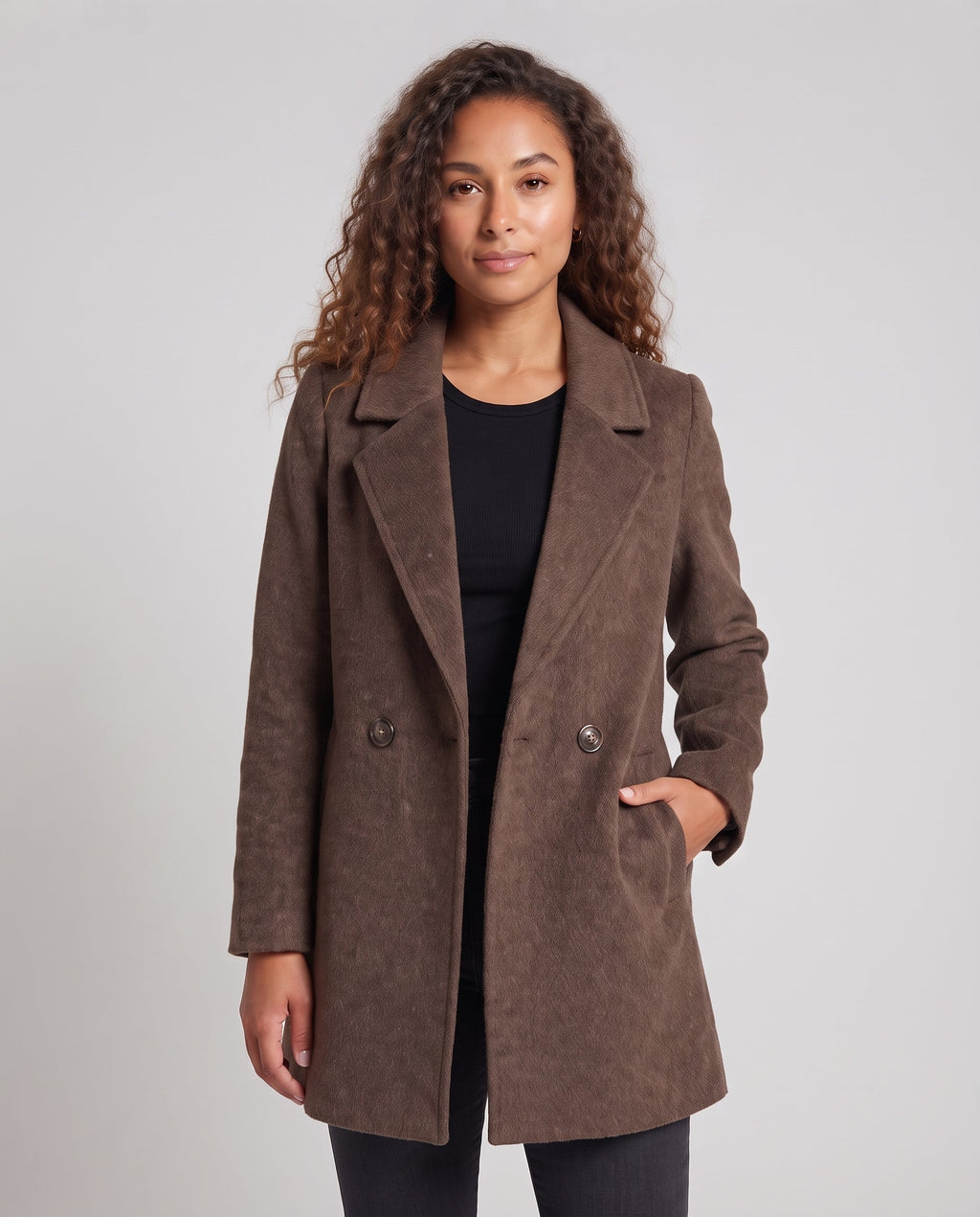 Women's double-breasted wool blend short coat with straight cut and lapel collar Fashion Glam