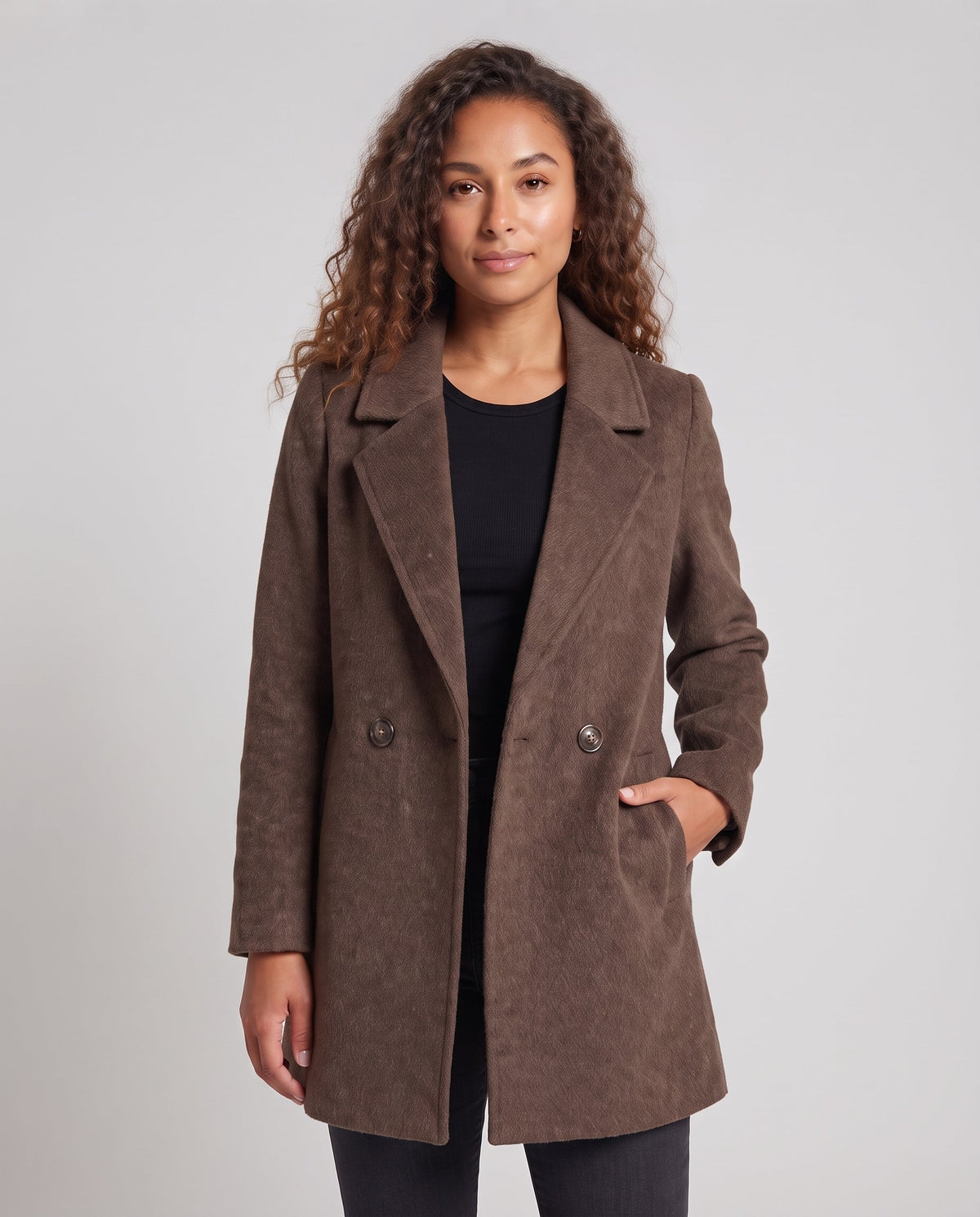 Women's double-breasted wool blend short coat with straight cut and lapel collar Fashion Glam