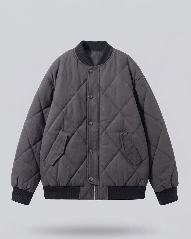 Women's nan dick quilted short jacket in bomber style with diamond stitching and concealed button placket