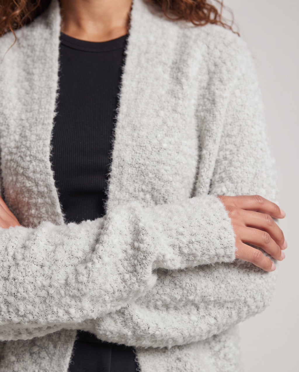 Women Oversized Boucle Knit Cardigan with Shawl Collar and Patch Pockets Fashion Glam