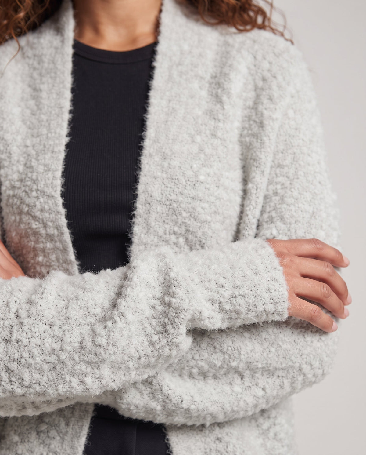 Women Oversized Boucle Knit Cardigan with Shawl Collar and Patch Pockets Fashion Glam