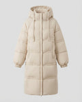 Women's extra-long padded hooded coat with generous square quilting, windproof outer shell, and comfortable thermal lining