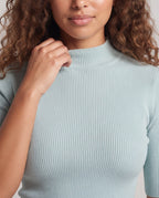 Women's fine ribbed top with stand-up collar and half-length sleeves Fashion Glam